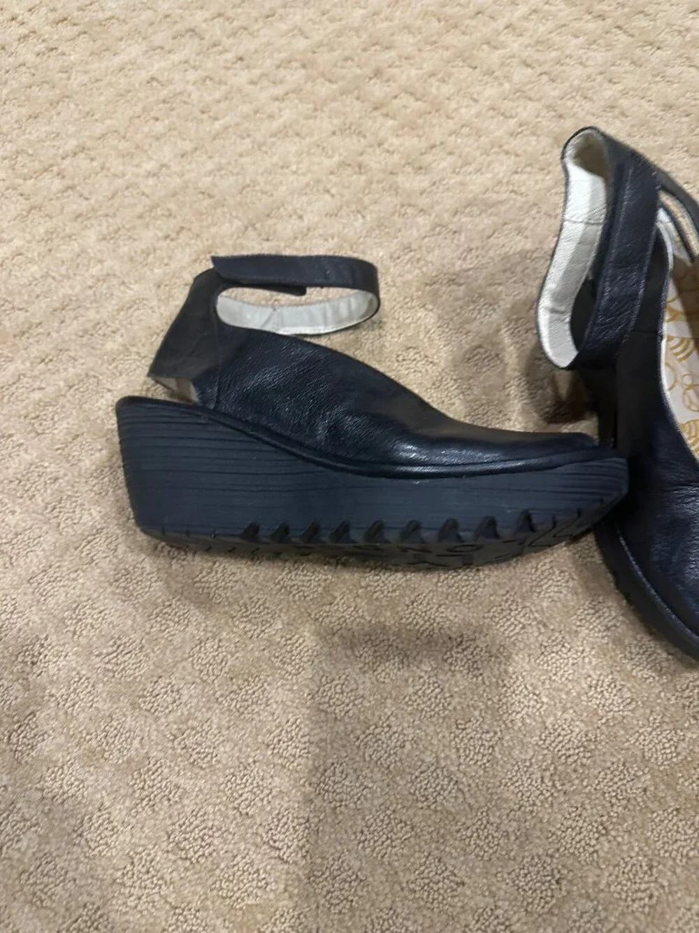 Fly London Ankle Wrap Slingback Peep Toe Black Mousse Chunky Wedge Sandals SZ 40